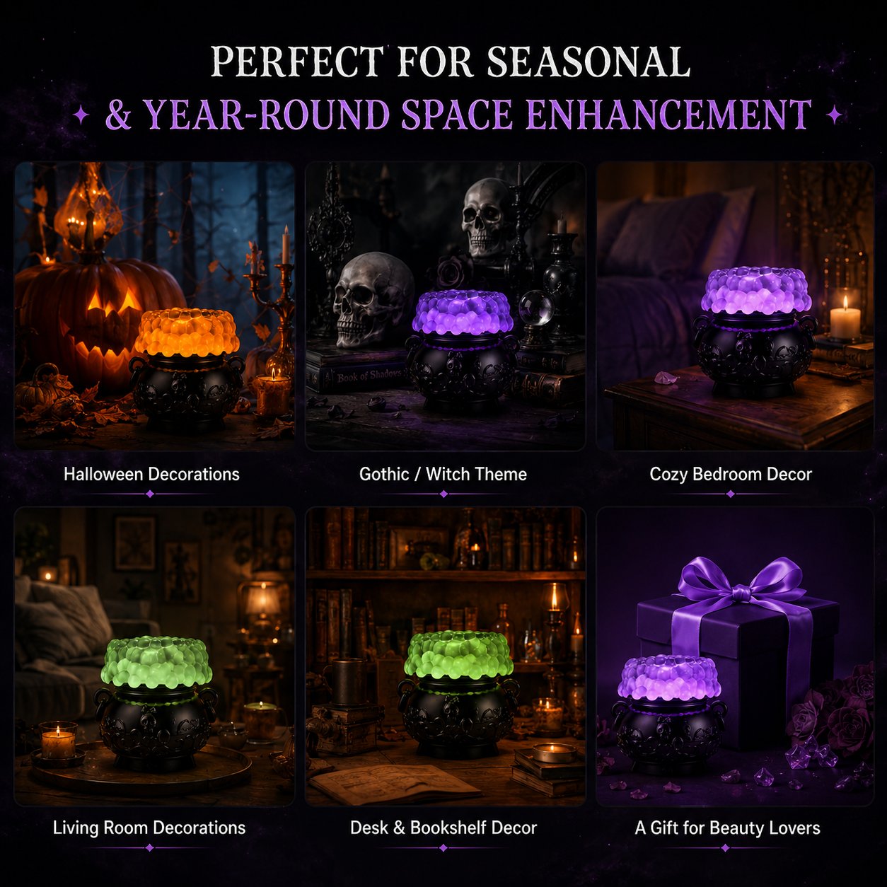 👻Light-up Color-changing Cauldron Waterglobe 3-Wick Candle Holder