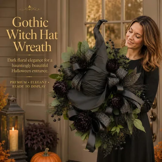 🎉Premium Gothic Black Rose Witch Hat Wreath – Haunting Elegant Halloween Front Door Statement Decor