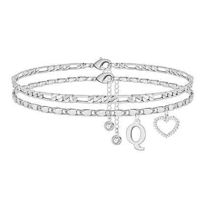 🎁 14k-Gold Plated-Double-Layer 26-Letter-Tone Chain Heart-Shaped Anklet with a heart-shaped pendant