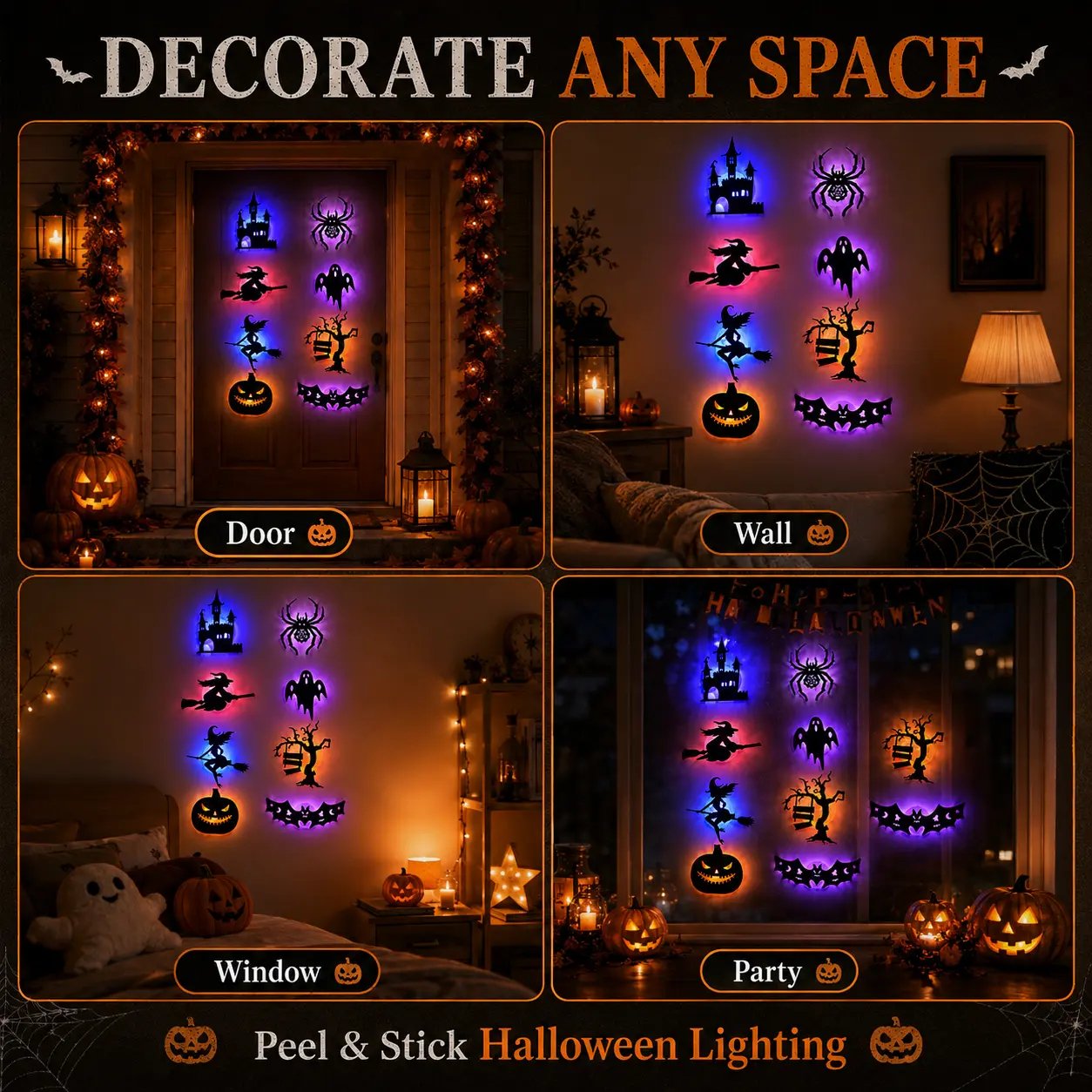 🎃8 Pack Halloween LED Silhouette Wall Light Stickers, Battery Powered Peel & Stick Decor Lights