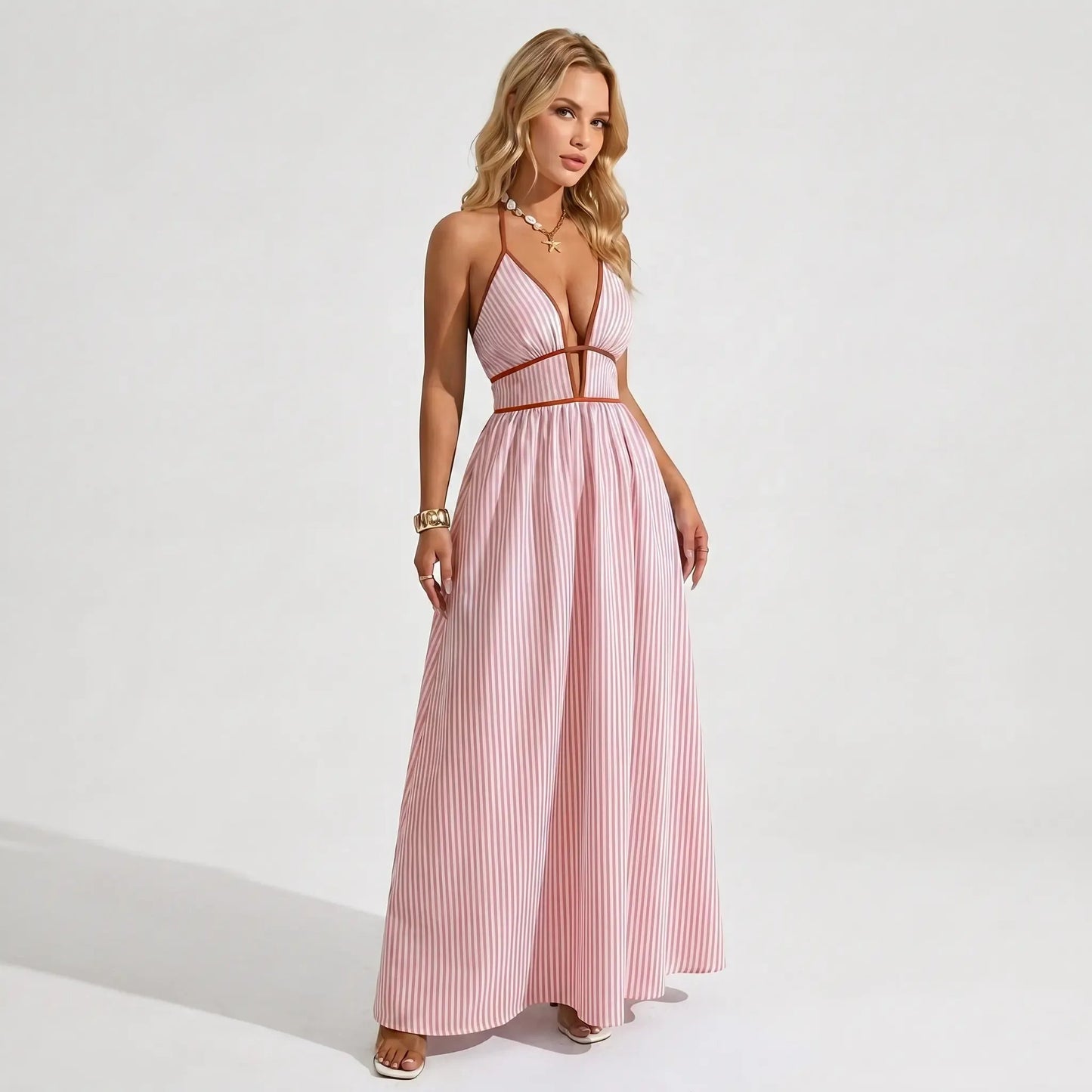 🔥2026 NEW ARRIVAL🔥Women's Elegant Pinstripe Deep V Neckline Adjustable Halter Maxi Dress
