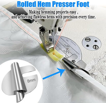 💯🧵8 PCS Stainless Steel Rolled Hemmer Foot Set | 3mm-10mm Sewing Hemming Guide
