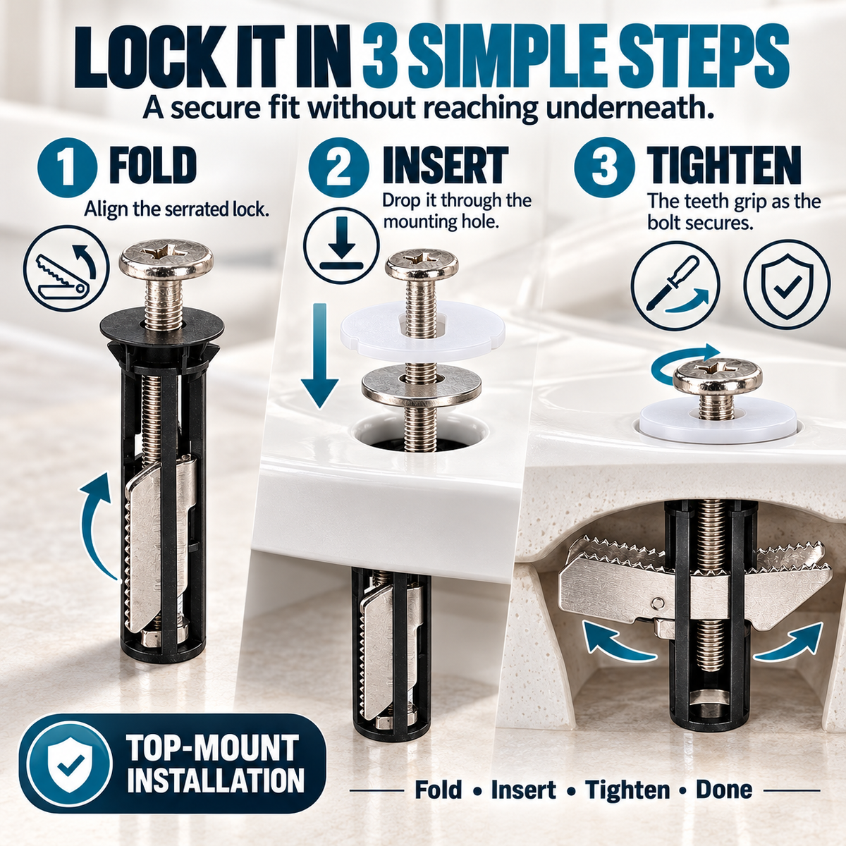 🔒 Universal Locking Toilet Seat Fixing Bolt – 304 Stainless Steel Quick-Lock Kit with 2 Washers