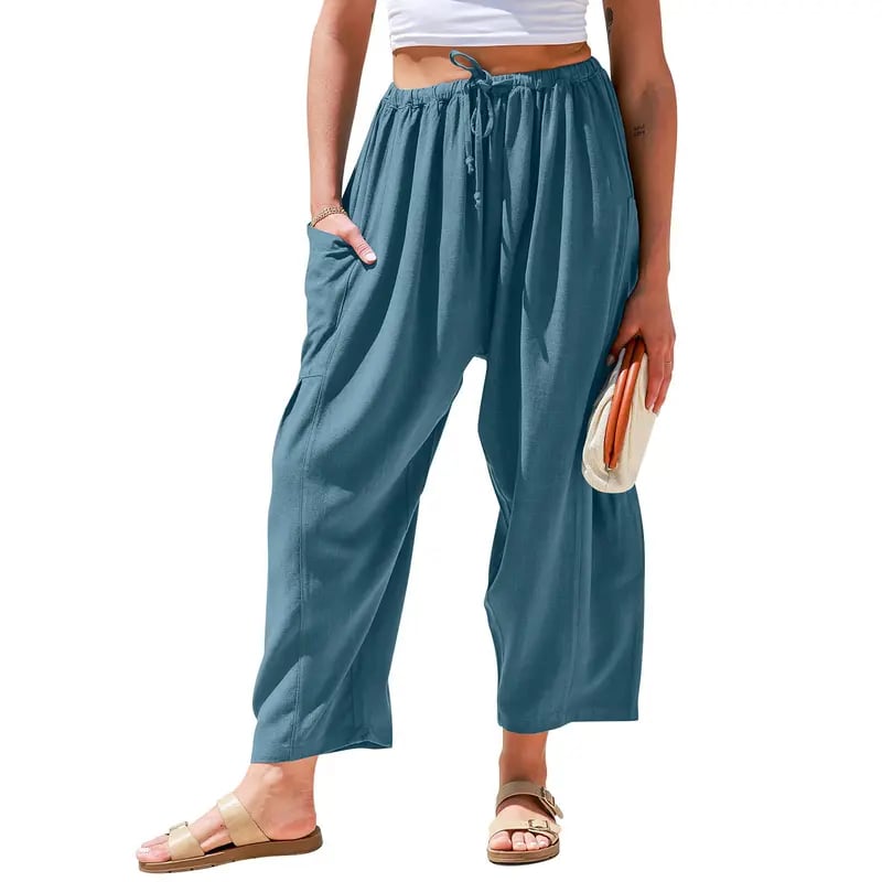Womens Polyester Wide Leg Pants Casual Loose Fit Beach Palazzo Harem Pants with Pockets Spring Summer Style