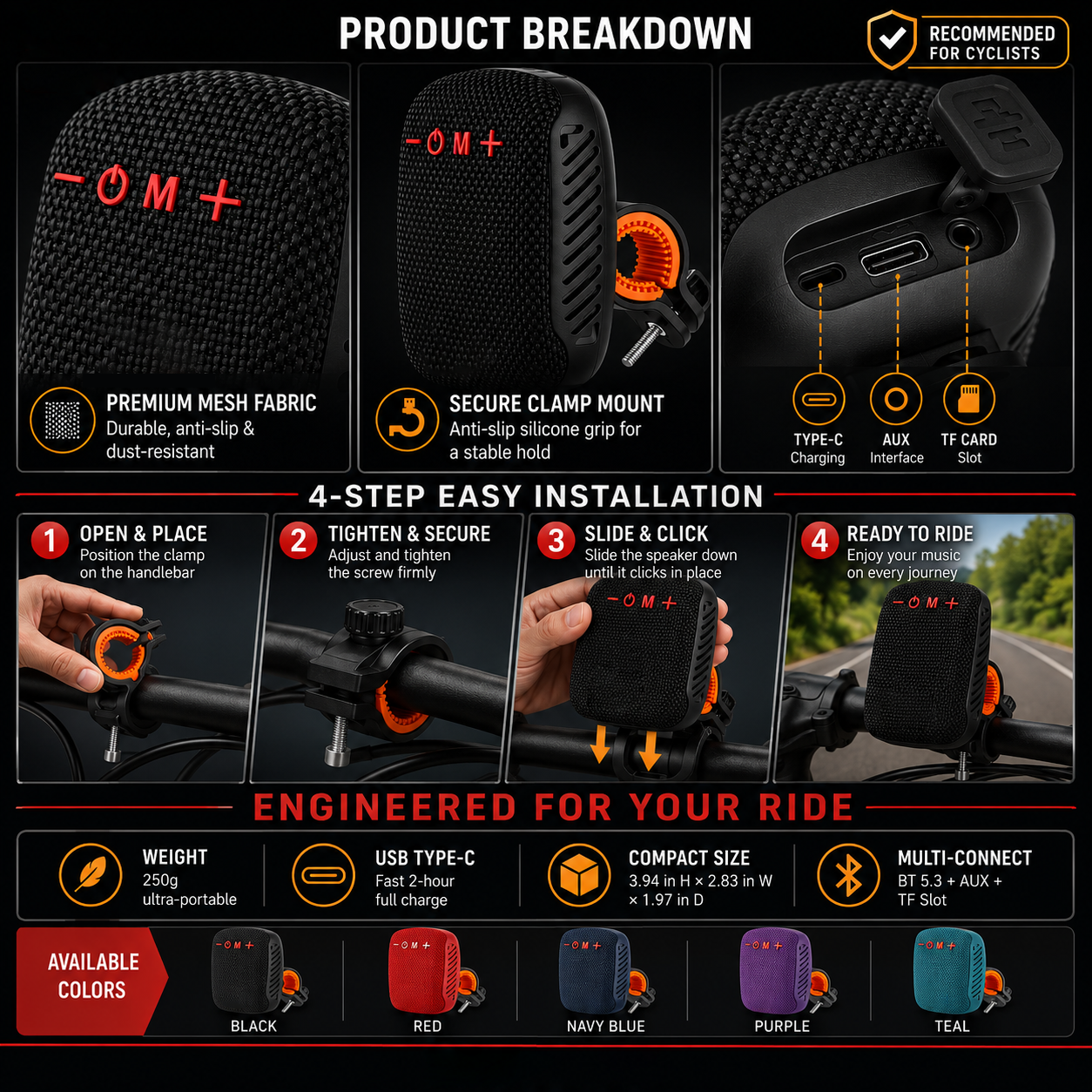 Waterproof Bicycle Bluetooth Speaker with Mounting Bracket