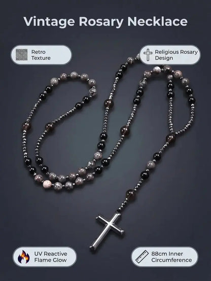 Natural Obsidian & Yooperlite Cross Rosary Necklace