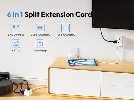 Twin Extension Cord Splitter 12 / 18 FT, with 6ft Dual Extension Cord on Each Side 3 Widely Outlets, Double Extension Cord for Home Office Dorm Room