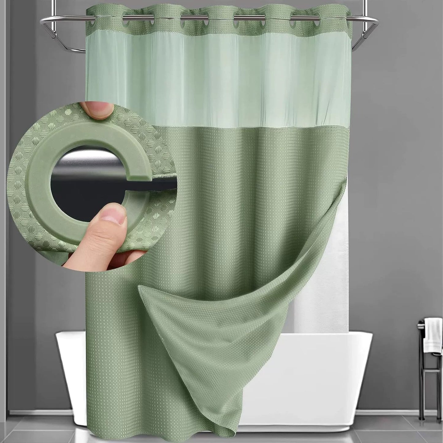 Hookless Shower Curtain with Snap-in Liner – Waterproof Double-Layer Design – Fabric Curtain with Waterproof Liner (White)