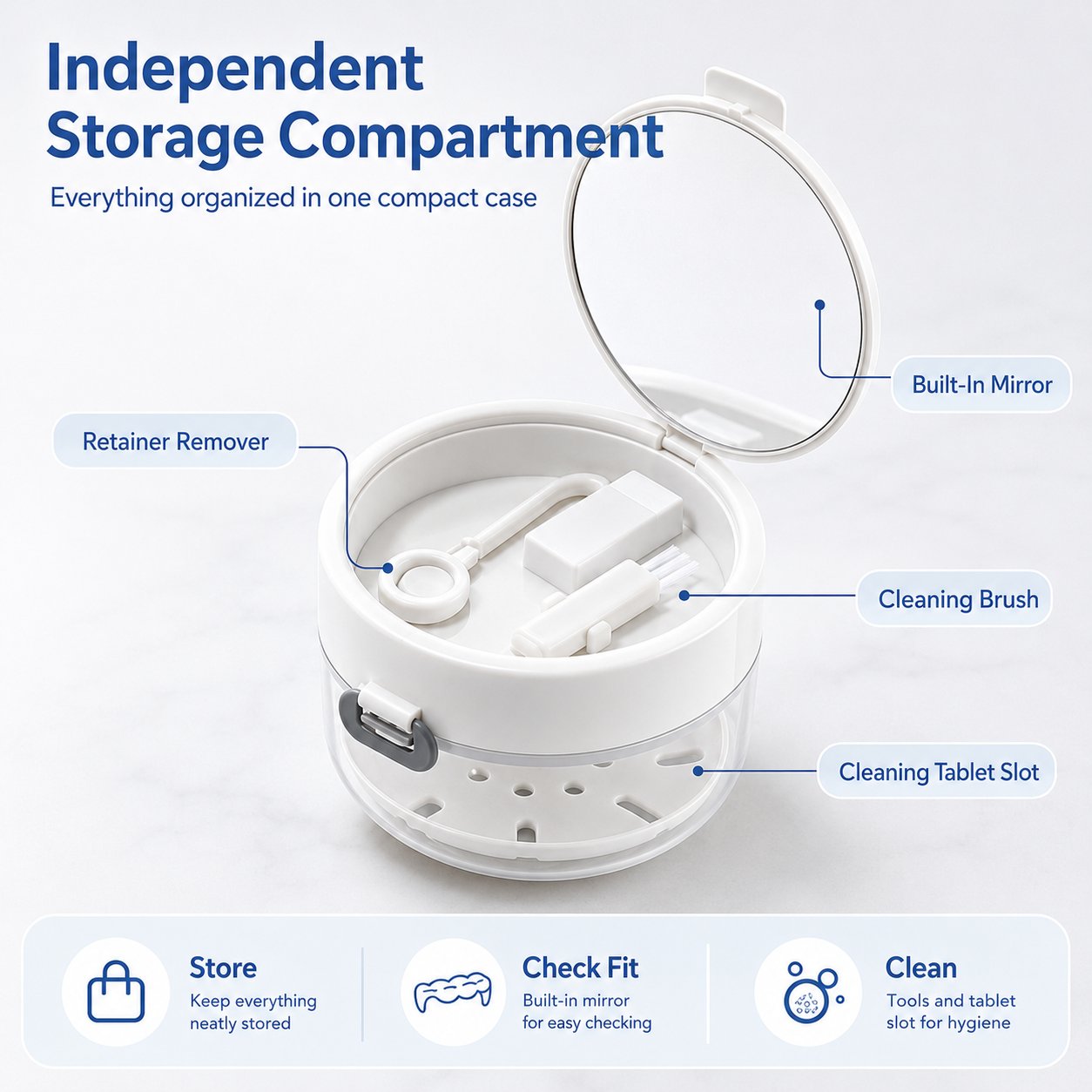 🦷✨3-in-1 Retainer Cleaning & Storage Case – Portable Leak-Resistant Soak Box with Drain Tray, Mirror & Cleaning Brush
