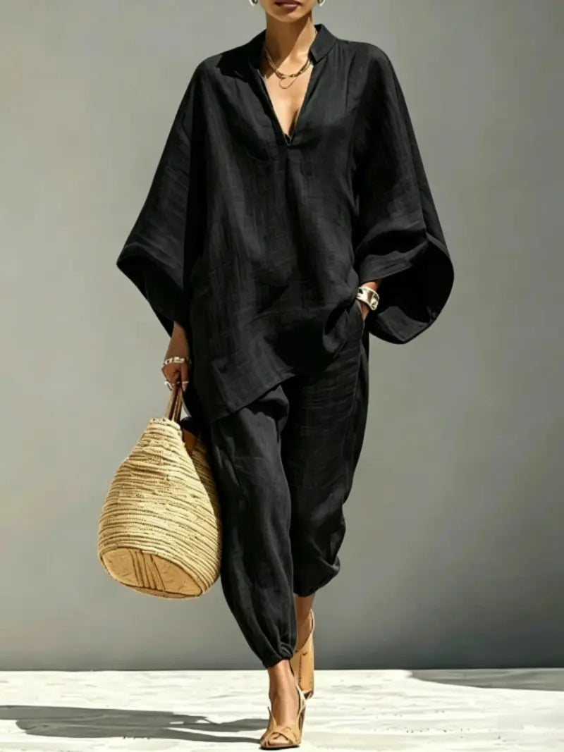Women's Summer Loose Fit Solid Linen Deep V Neck Batwing Sleeve Pants Set