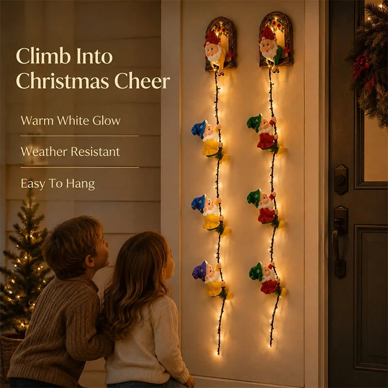 Handmade Climbing Gnome Christmas StringLights, Indoor OutdoorWall Hanging Holiday Decor