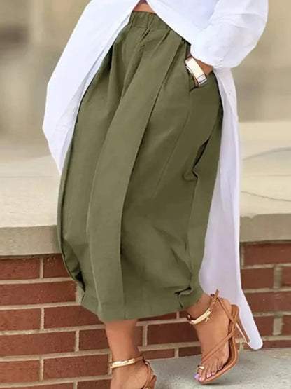 Women's Loose Solid Color Capri-Pants CroppedTrousers, 100% Cotton Summer ComfortableBreathable Fabric, Daily Versatile ElasticWaistband Lantern Pants with Pockets BottomsWomenswear Casual Bridal Basic Minimalist Casual Chic Bottoms