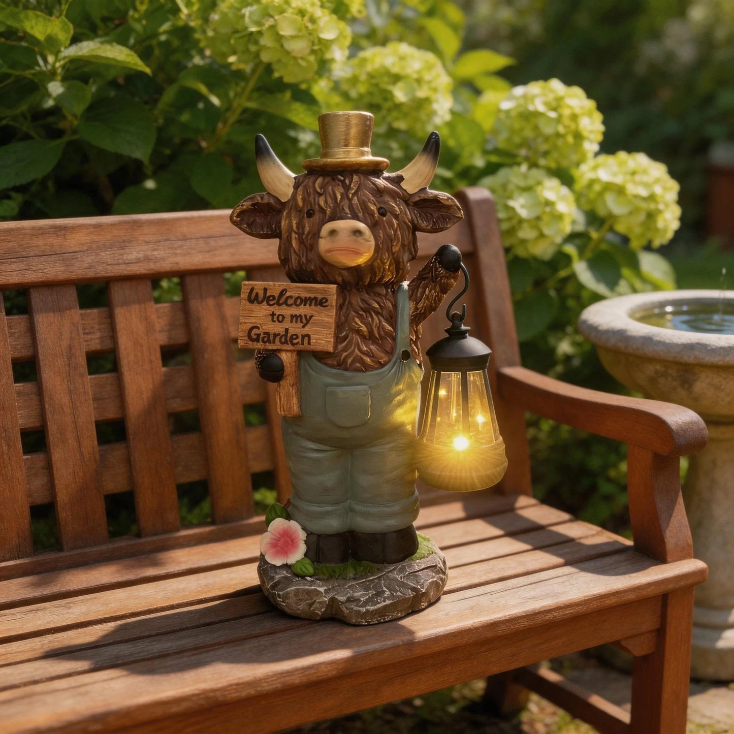 Handcrafted Solar-Powered Scottish Highland Bull Garden Welcome Light