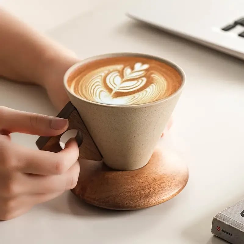 Hot 48% OFF☕✨ Conical Ceramic Coffee Cup with Acacia Wood Base