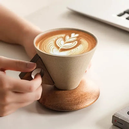 Hot 48% OFF☕✨ Conical Ceramic Coffee Cup with Acacia Wood Base