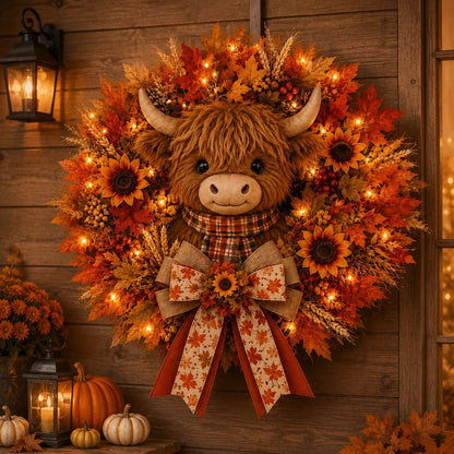 🍂🐮Autumn Highland cow wreath decoration with lights