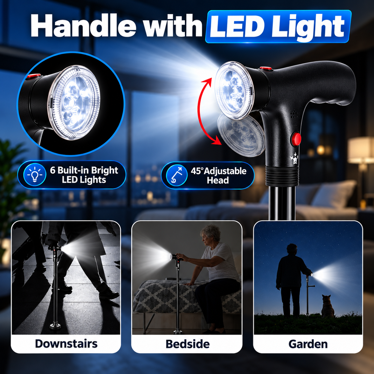 🦯LIMITED-TIME 50% OFF! 💡 SteadyGo™ Multifunction Folding Walking Cane – Built-In Light, Emergency Alarm, Quad Base & 5-Level Height Adjustment✨