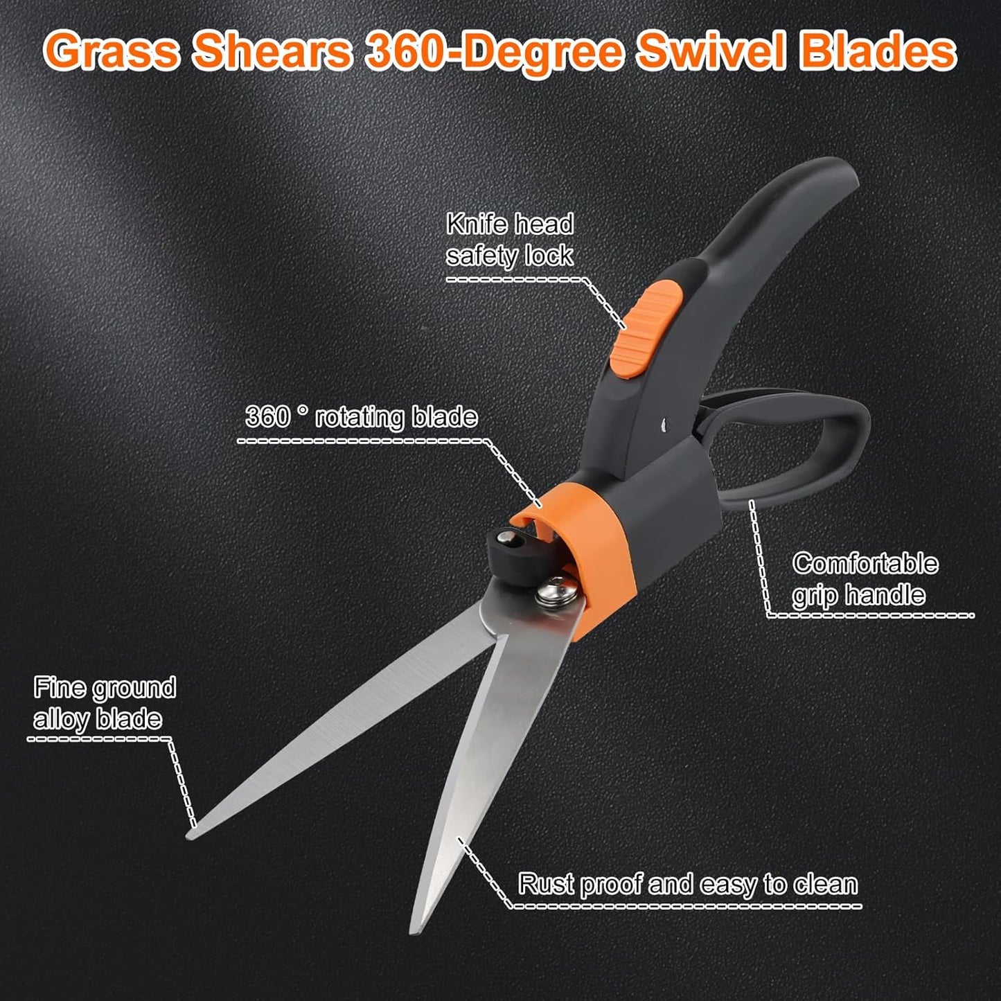 Grass Shears 360-Degree Swivel Blades, Ultra-Sharp Grass Cutter with 5’’ Stainless Steel Blades, Gardening Shears and Plant Cutting Scissors