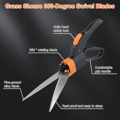 Grass Shears 360-Degree Swivel Blades, Ultra-Sharp Grass Cutter with 5’’ Stainless Steel Blades, Gardening Shears and Plant Cutting Scissors