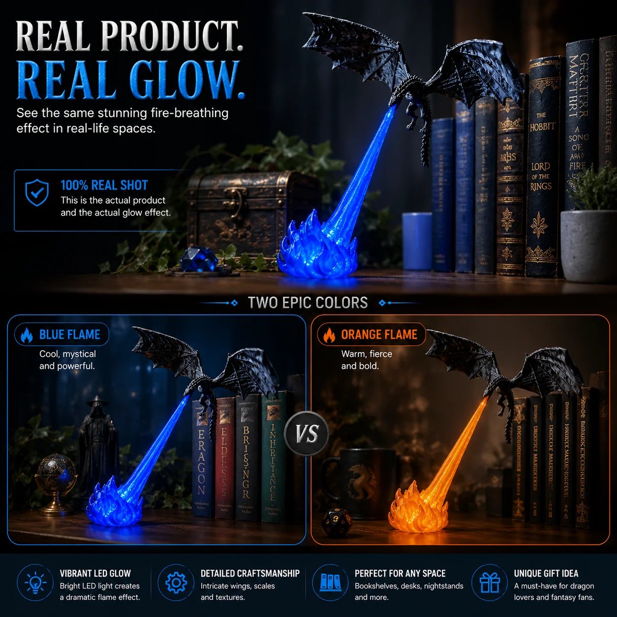 🐉🔥 3D Fire‑Breathing Dragon LED Light | Glowing Fantasy Bookshelf Decor