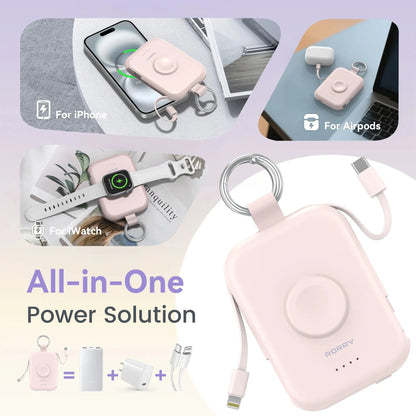 🔥5000mAh Portable Charger Power Bank with Built-in Cables Travel Keychain Battery Pack