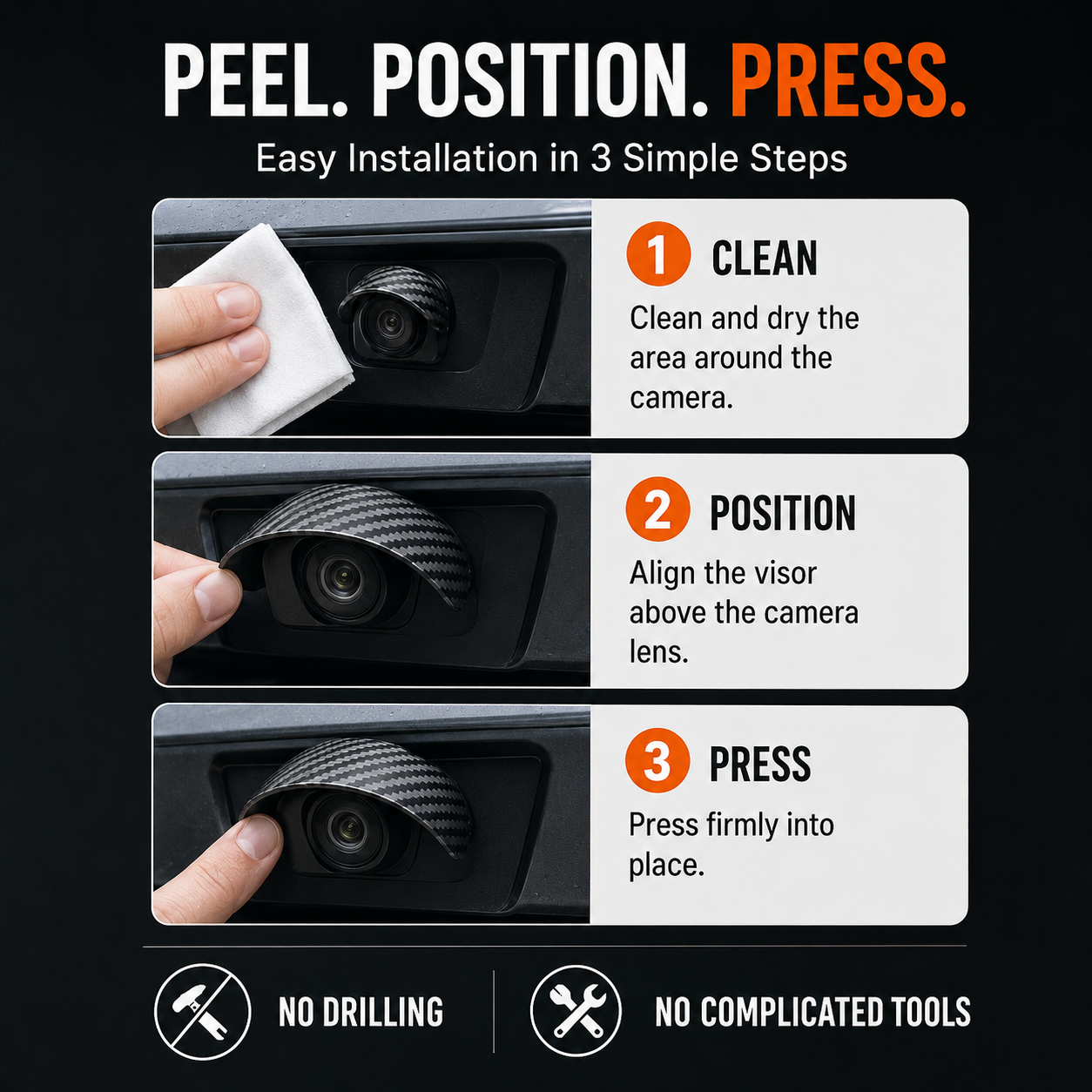 Car Camera Rain Shield – Carbon Fiber Waterproof Visor for Clearer Rear & Side Camera View
