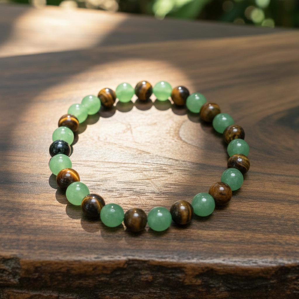 💙 Money Attraction Green Aventurine & Tiger Eye Elastic Crystal Bracelet for Men Women, Friendship Daily Wear
