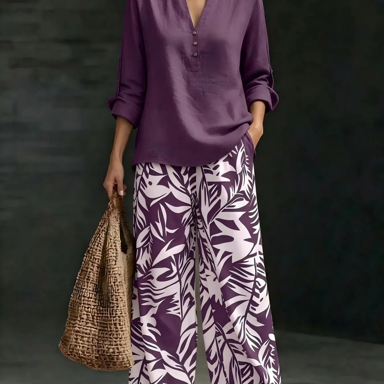 🔥Women's fashion casual two-piece set featuring a V-neck top with design details paired with wide-leg pants with a botanical pattern; comfortable and breathable, suitable for multiple occasions