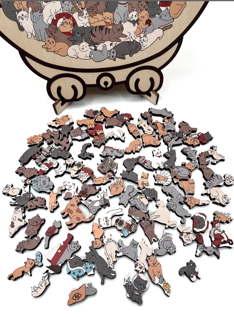 🎁135-Piece Morandi-Colored Cat Shaped Wooden Jigsaw Puzzle
