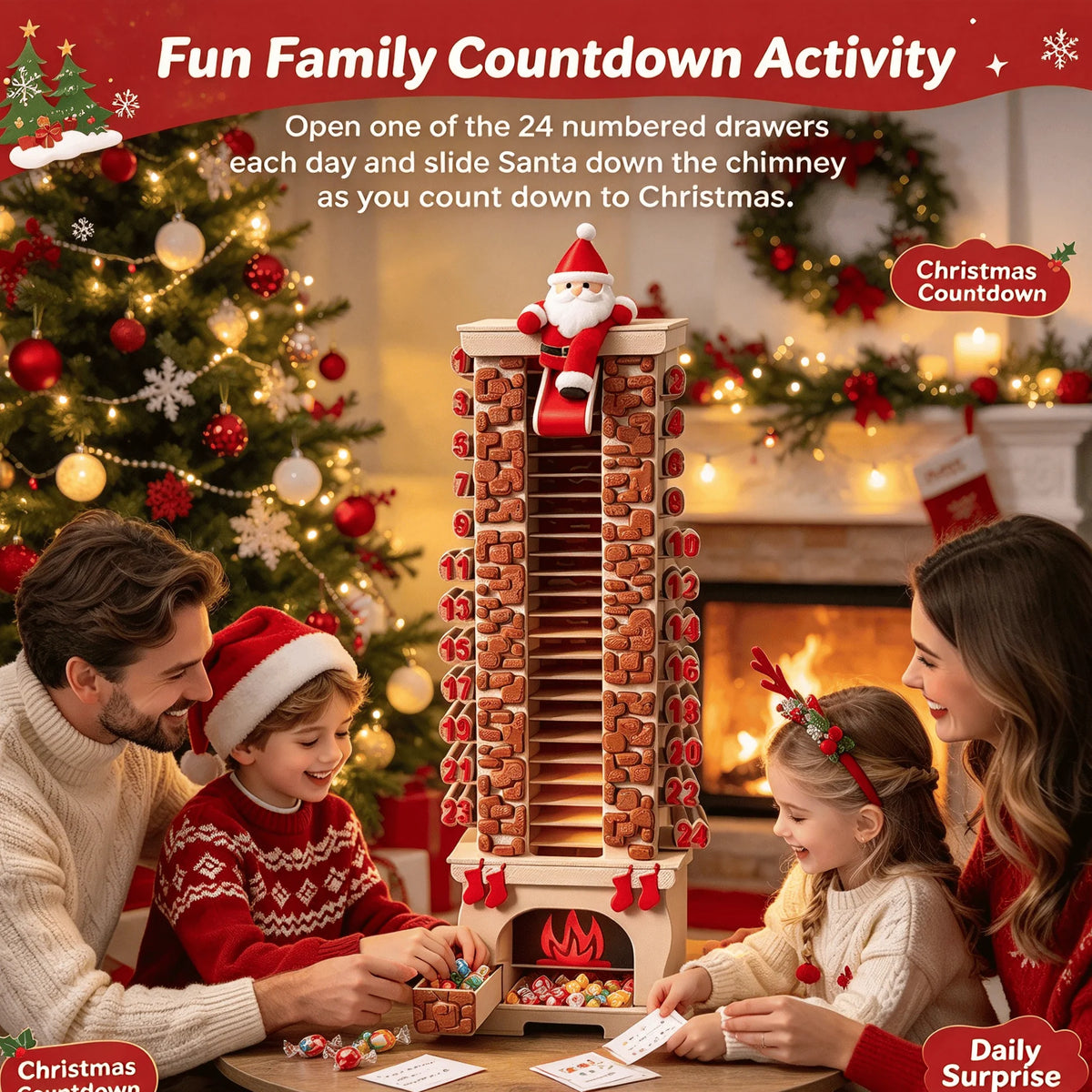 🎁Christmas Advent Calendar 24 Days Countdown, Sliding Santa Chimney Tower Decor for Kids Family Holiday Gift