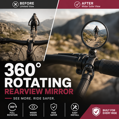 360° rotating rearview mirror for a clear view without needing to turn your head. Suitable for bicycles, e-bikes, and motorcycles. Tool-free silicone straps!