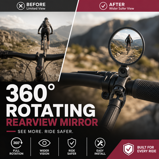 360° rotating rearview mirror for a clear view without needing to turn your head. Suitable for bicycles, e-bikes, and motorcycles. Tool-free silicone straps!