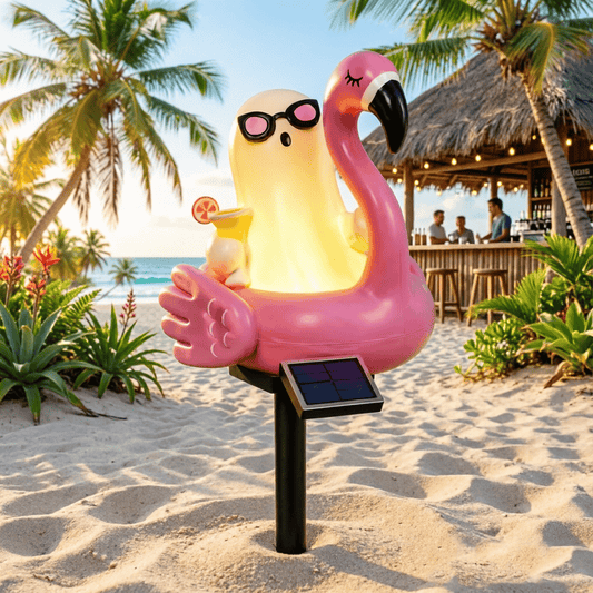 Solar Halloween Ghost Garden Stake Lights — Cute Ghost with Sunglasses in Pink Flamingo Pool Float Outdoor Decor, Waterproof Solar Powered Pathway Landscape Lighting for Yard, Lawn, Patio Gift