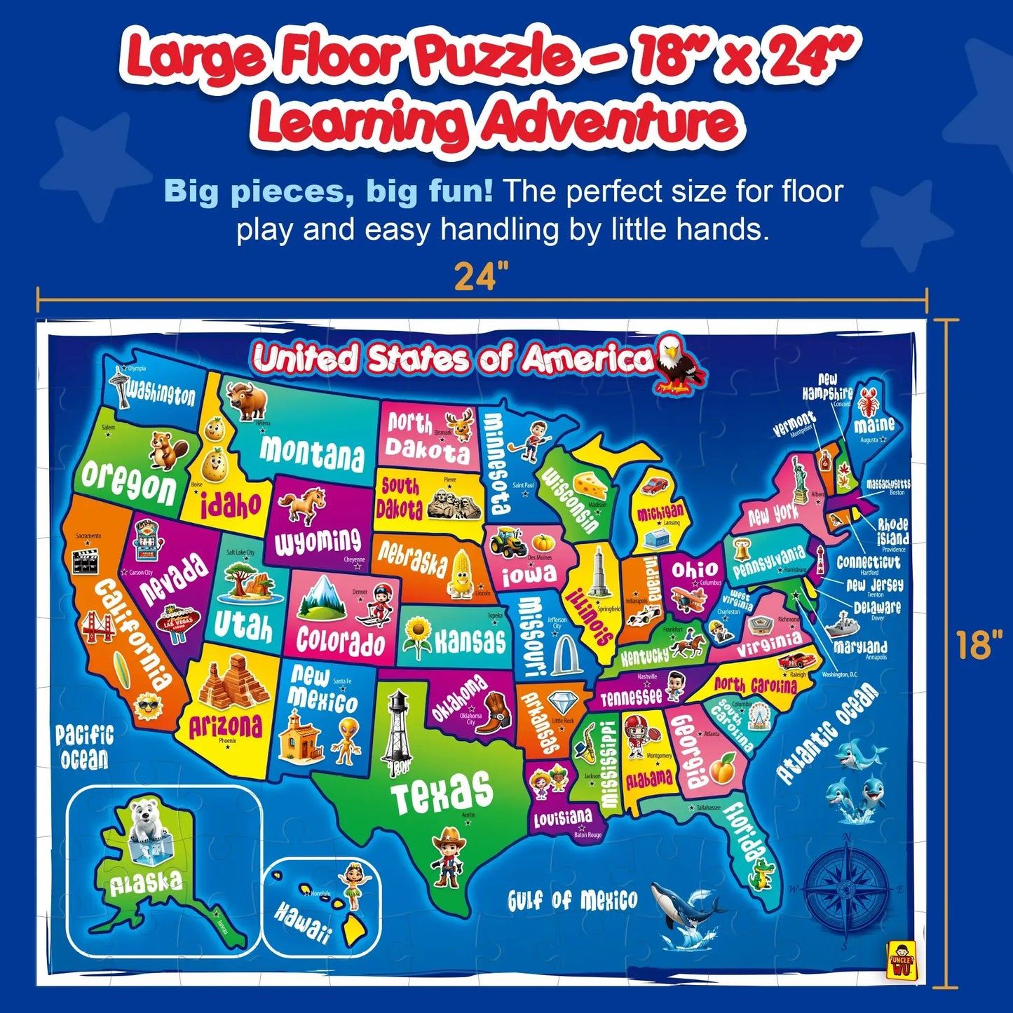 🧩103 Piece USA Map Puzzle for Kids Ages 4-8 - 18x24 Large Floor Puzzle