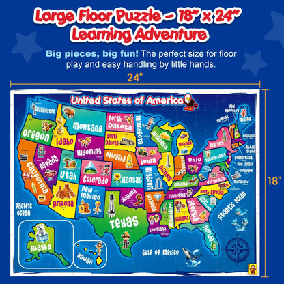 🧩103 Piece USA Map Puzzle for Kids Ages 4-8 - 18x24 Large Floor Puzzle