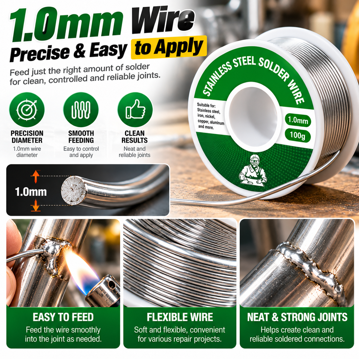 Stainless Steel Solder Wire – Active Soldering Wire for Metal Repairs, 1.0mm / 100g