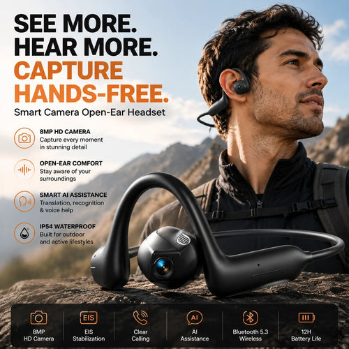 👂8MP Smart Camera Open-Ear Headset – EIS Video, AI Assistance & 12H Battery