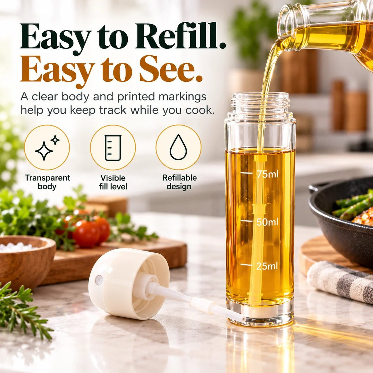 🍳✨Refillable Fine Mist Olive Oil Sprayer – Even Spray Cooking Oil Dispenser for Air Fryers, Grilling, Baking & Everyday Kitchen Use