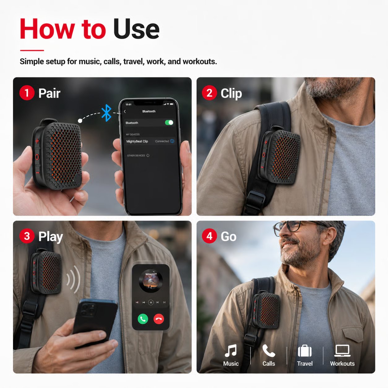 M3 Portable Bluetooth Speaker, TWS Stereo Sound, IPX7 Waterproof, Magnetic Clip-On Wearable Speaker
