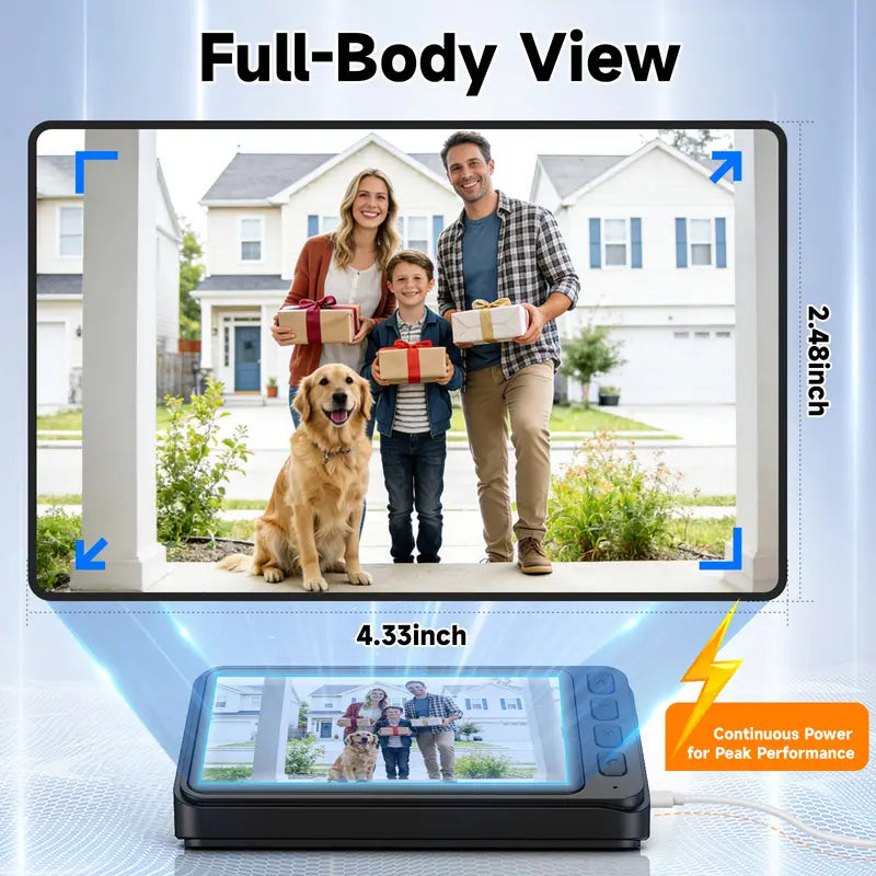 Indoor video doorbell monitor displaying full doorway scene