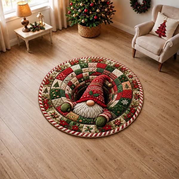 🎄3D Christmas Gnome Optical Illusion Round Rug | Fun Festive Home Decor Must‑Have⭐🏠🎁