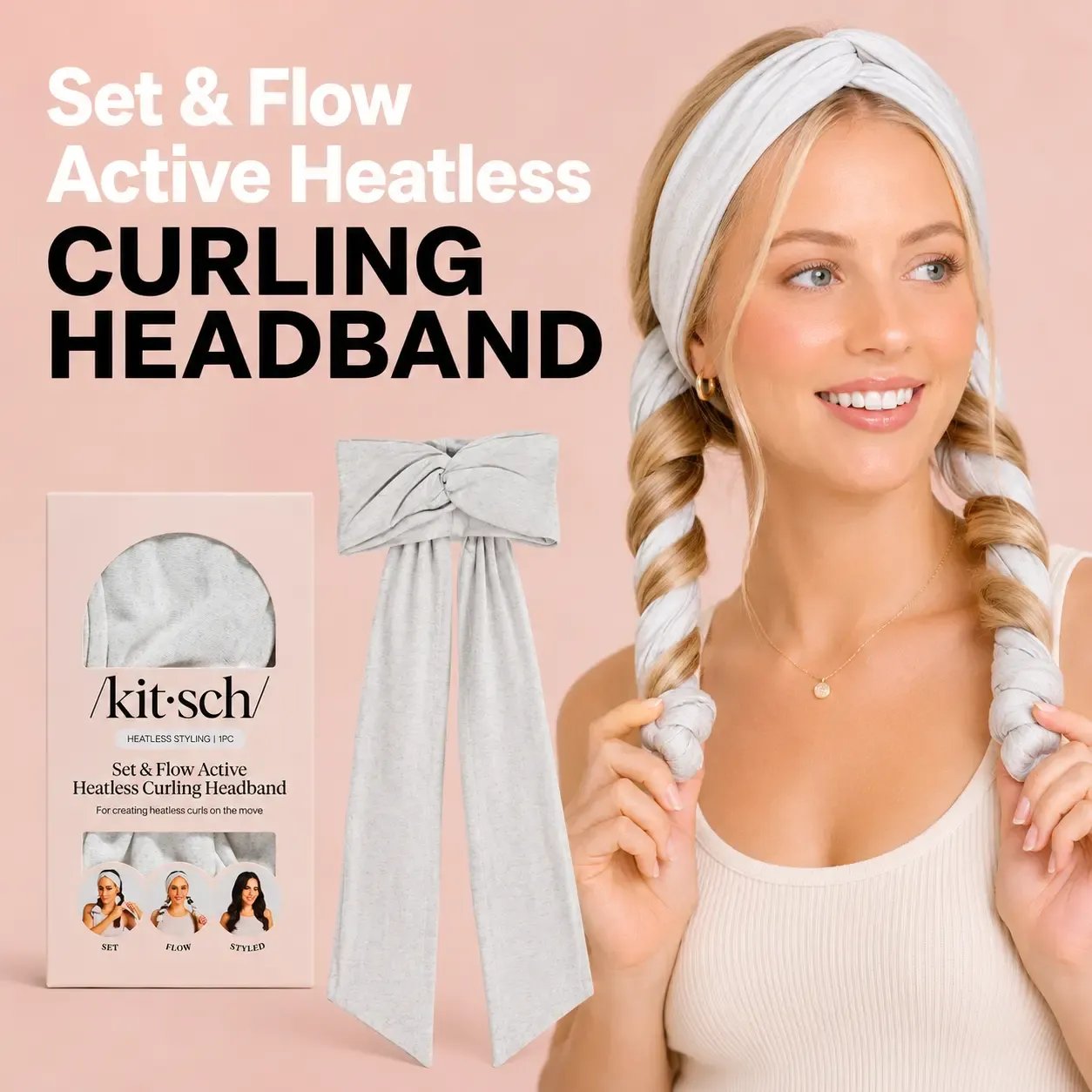 💆‍♀️Heather Gray Active Curling Headband – Heatless Hair Curler for Soft Waves & Curls