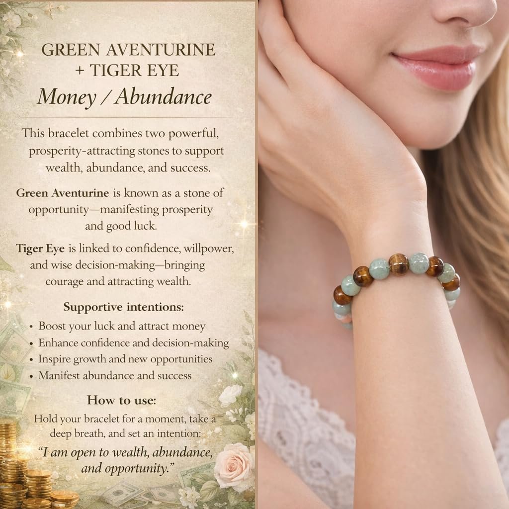 💙 Money Attraction Green Aventurine & Tiger Eye Elastic Crystal Bracelet for Men Women, Friendship Daily Wear