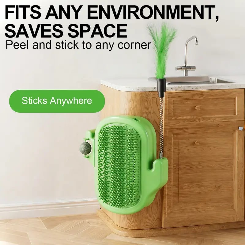 3-in-1 Cat Corner Groomer – Scratcher, Massage Brush & Catnip Toy