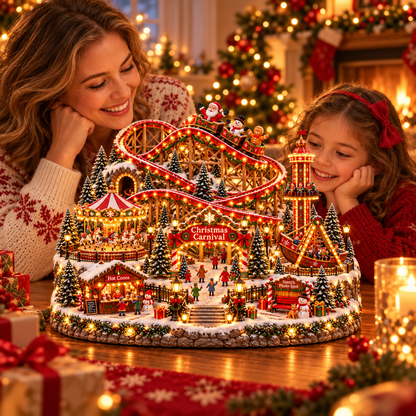 🔥Last Day 50%🎢 Magical Christmas Carnival Village – Animated Roller Coaster & Lighted Holiday Decor