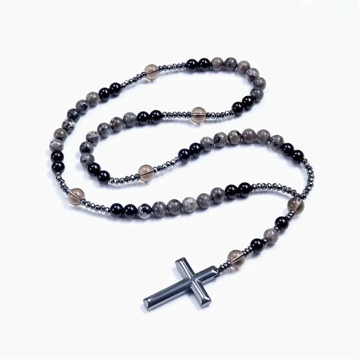 Natural Obsidian & Yooperlite Cross Rosary Necklace