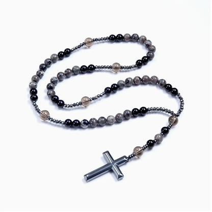 Natural Obsidian & Yooperlite Cross Rosary Necklace
