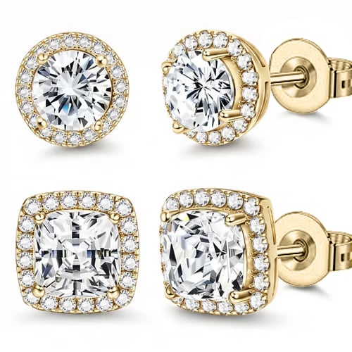 Halo Stud Earrings 4-Pack- Gold & Silver Round/Square Styles