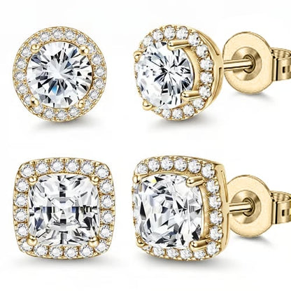 Halo Stud Earrings 4-Pack- Gold & Silver Round/Square Styles