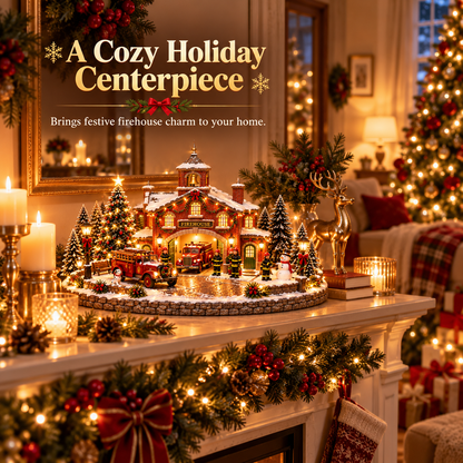 🎄 Christmas Firehouse Village™ – Warm LED Lights, Vintage Fire Trucks & Cozy Holiday Display